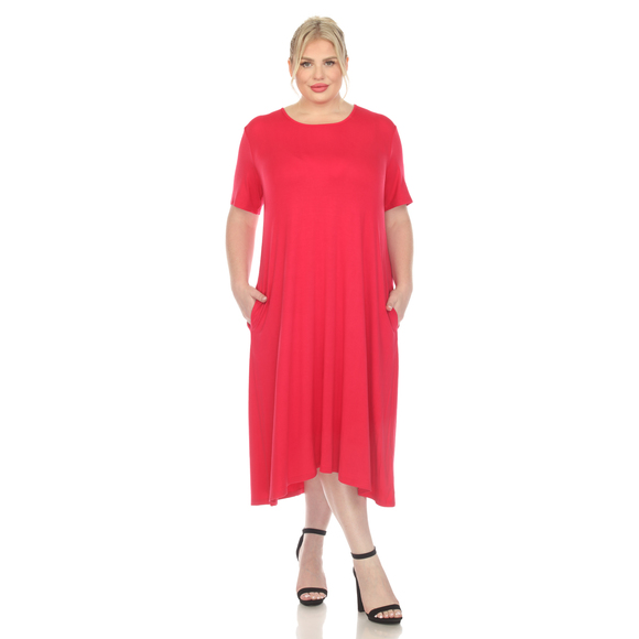Plus Size Short Sleeve Pocket Swing Midi Dress - Picture 1 of 5